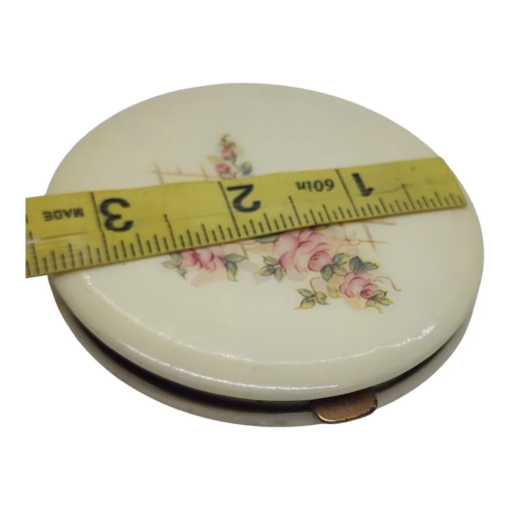 Vintage Large Lucite Powder Compact Pink Roses Floral Vanity Mirror 3